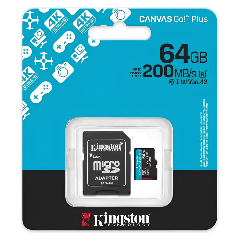Фото Карта пам'яті Kingston Canvas GP (UHS-3, R200MB/s) C-10 A2 V30 – 64GB (з адаптером) (SDCG4) (Black) в маназині vchehle.ua