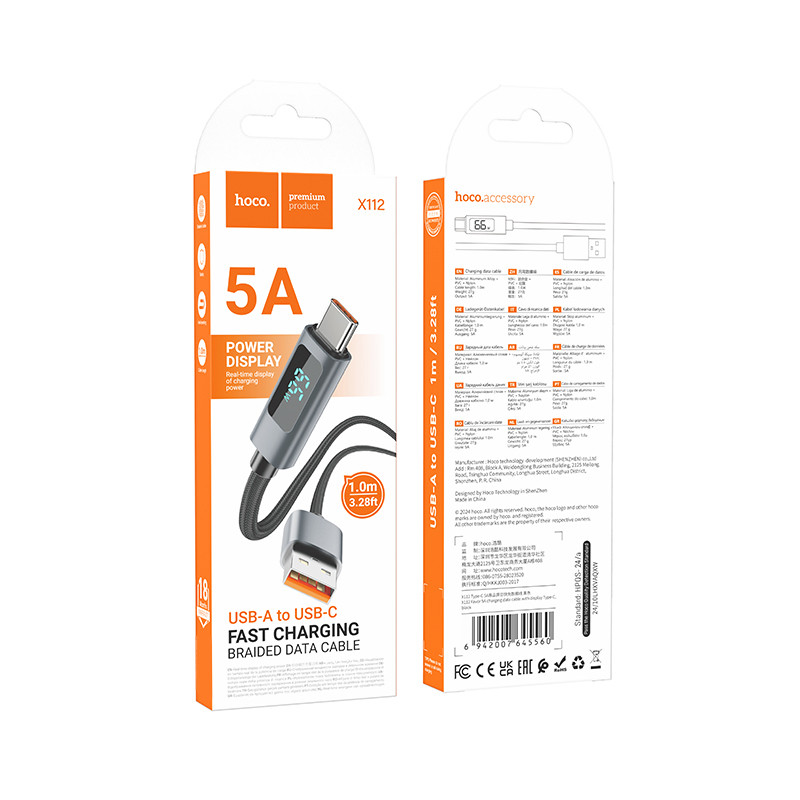 Фото Дата кабель Hoco X112 Favor with display USB to Type-C 5A (1m) (Black) на vchehle.ua