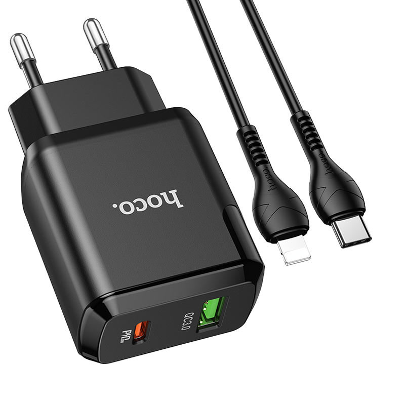 Фото Уценка СЗУ Hoco N5 Favor 20W PD+QC3.0 (1USB-A/1C) + кабель Type-C to Lightning (Дефект упаковки / Черный) на vchehle.ua