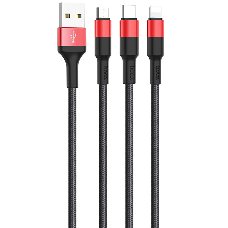 Фото Дата кабель Hoco X26 Xpress 3in1 USB to Lightning/Type-C/MicroUSB 2A (1.2m) (Чорний / Червоний) на vchehle.ua